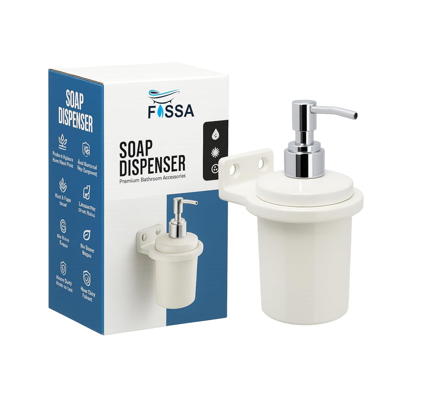 Fossa Classy Soap Dispenser for Bathroom & Kitchen β Wall Mounted Dispenser for Hand Wash & Face Wash | Ceramic Body White (Glossy Finish)
