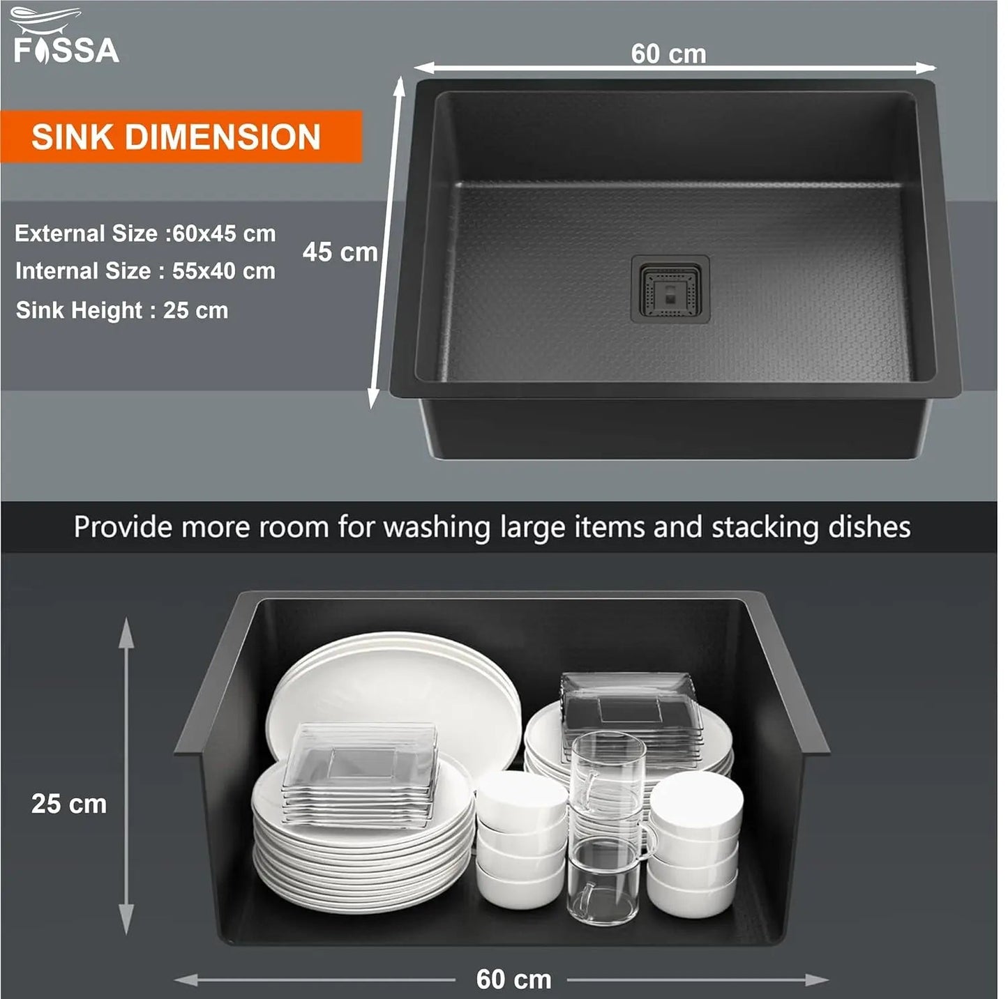 Fossa 24"x18"x10" Inch Single Bowl 304 Grade Honeycomb Embossed Kitchen Sink with Nano Coating (Black )