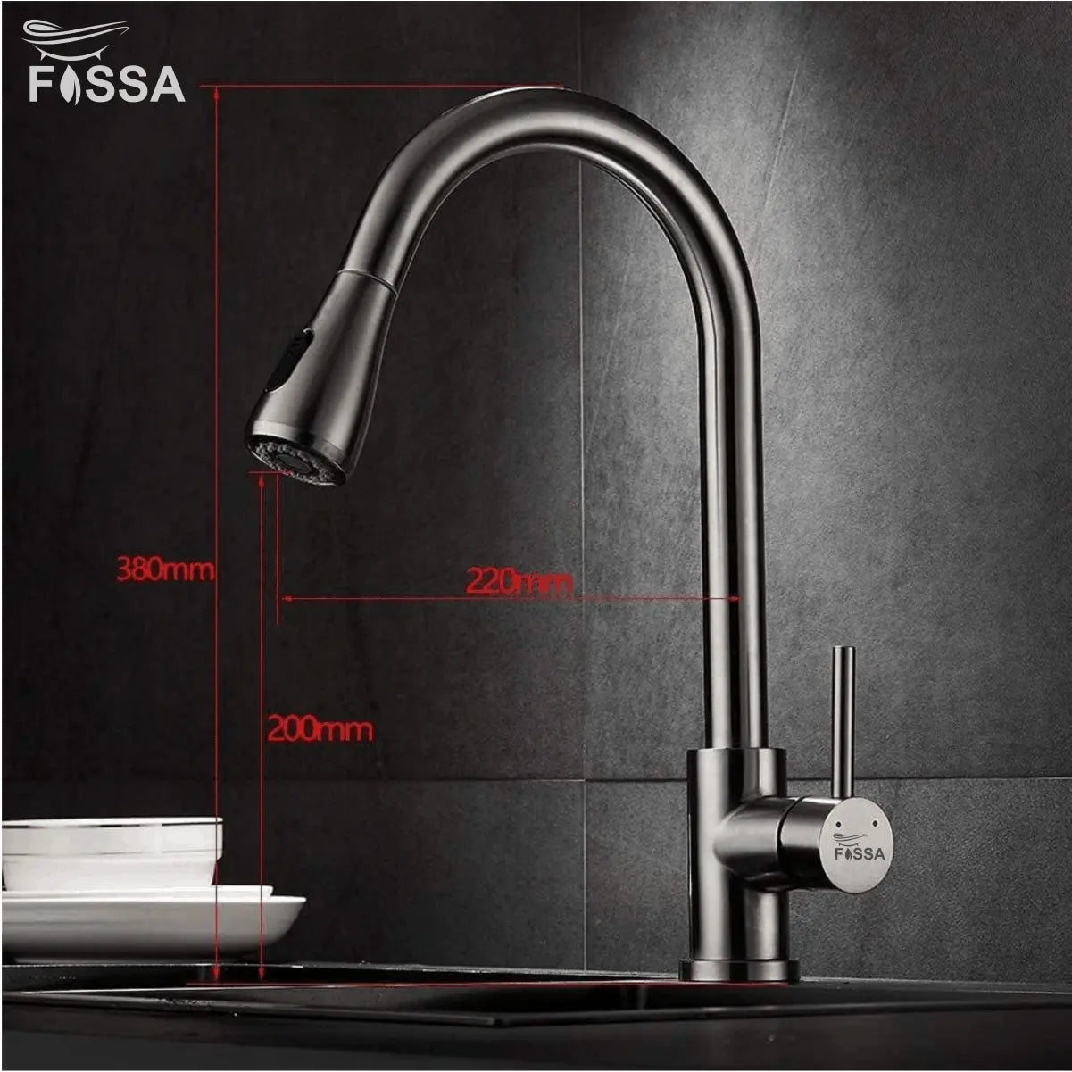 Fossa Kitchen Sink Mixer Tap with Pull Down Sprayer, Single Handle High Pull Out Kitchen Taps, Single Level Stainless Steel Silver ( Heavy weight )