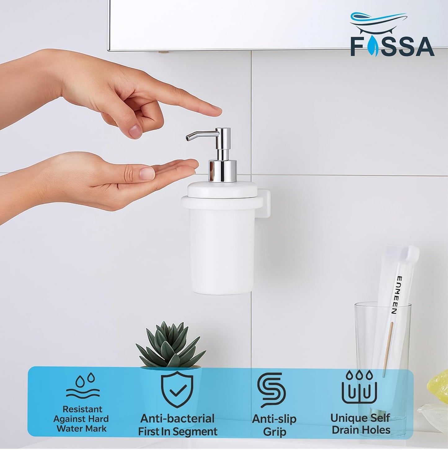 Fossa Classy Soap Dispenser for Bathroom & Kitchen – Wall Mounted Dispenser for Hand Wash & Face Wash | Ceramic Body White (Glossy Finish)