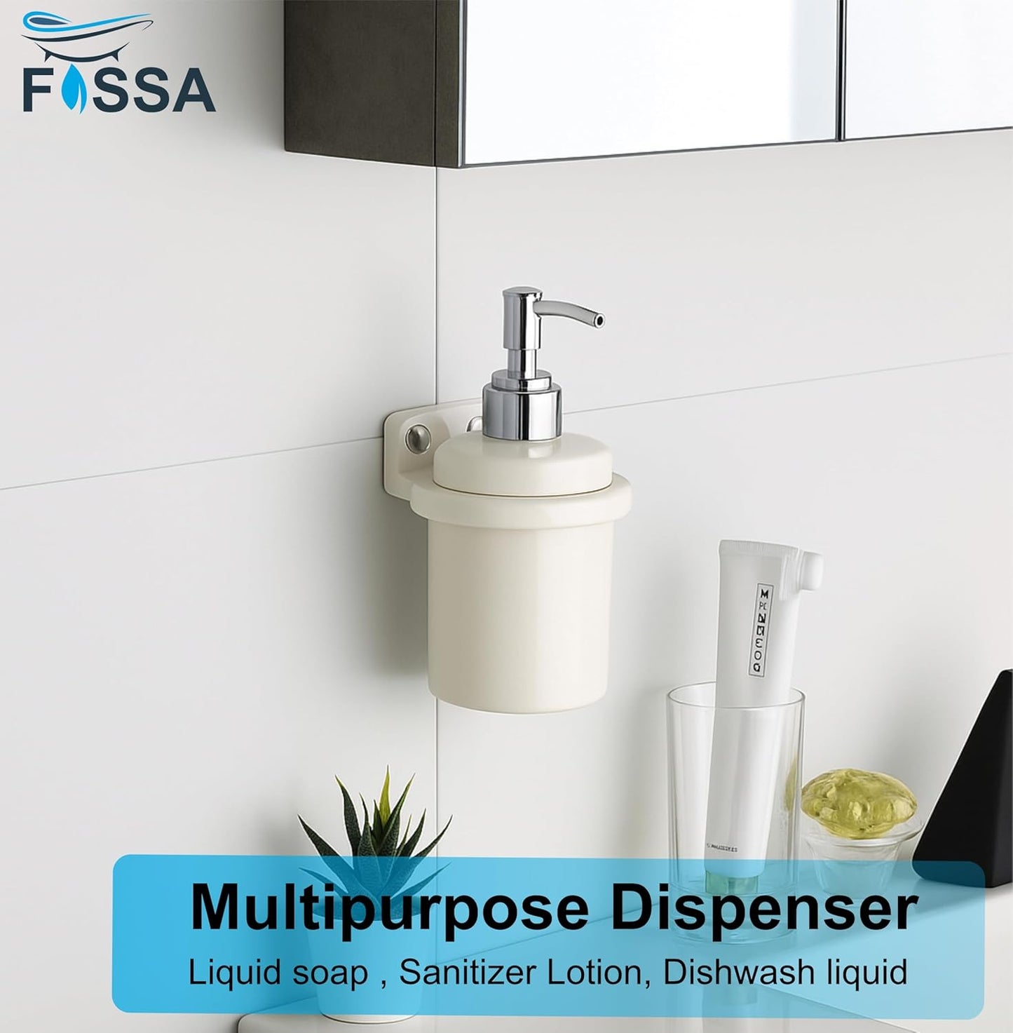 Fossa Classy Soap Dispenser for Bathroom & Kitchen – Wall Mounted Dispenser for Hand Wash & Face Wash | Ceramic Body White (Glossy Finish)