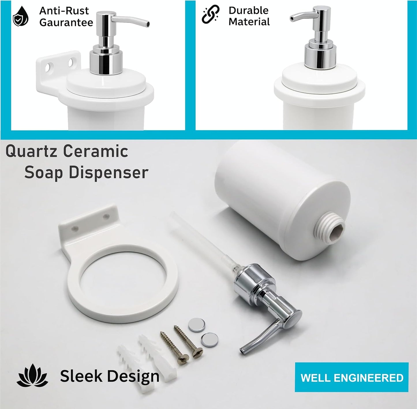 Fossa Classy Soap Dispenser for Bathroom & Kitchen – Wall Mounted Dispenser for Hand Wash & Face Wash | Ceramic Body White (Glossy Finish)