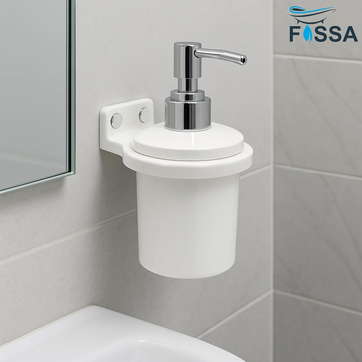 Fossa Classy Soap Dispenser for Bathroom & Kitchen – Wall Mounted Dispenser for Hand Wash & Face Wash | Ceramic Body White (Glossy Finish)
