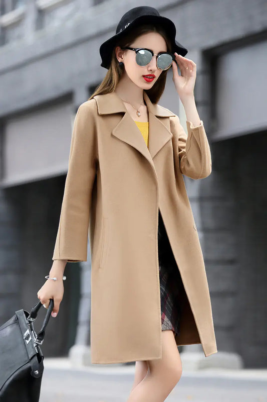 Solid Color Long Sleeve Wool Coat and Overcoat