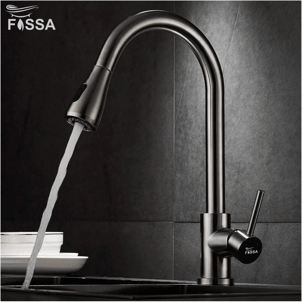 Fossa Kitchen Sink Mixer Tap with Pull Down Sprayer, Single Handle High Pull Out Kitchen Taps, Single Level Stainless Steel Silver ( Heavy weight )