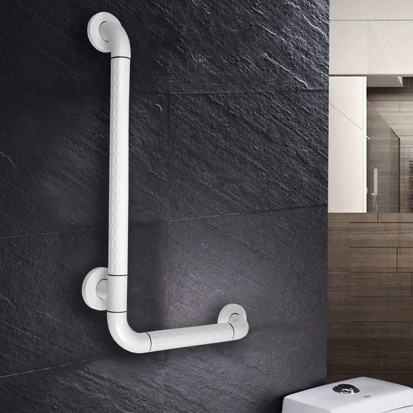 Fossa L-Shaped Stainless Steel 90° Anti-Slip Nylon Grip Grab Bar – Wall Mounted Safety Bar for Bathroom | Toilet Grab Bar for Elderly & Senior Citizens | White