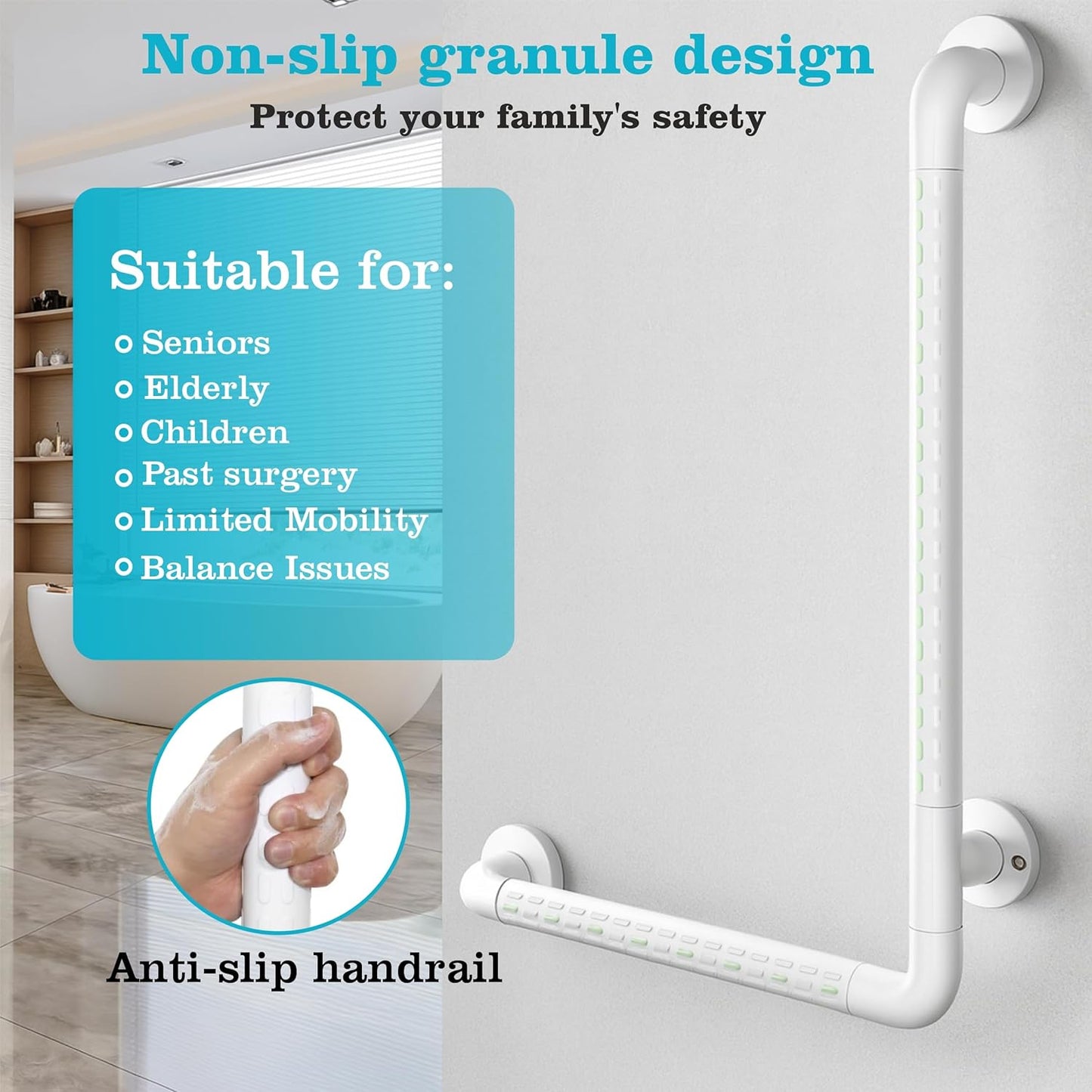 Fossa L-Shaped Stainless Steel 90° Anti-Slip Nylon Grip Grab Bar – Wall Mounted Safety Bar for Bathroom | Toilet Grab Bar for Elderly & Senior Citizens | White