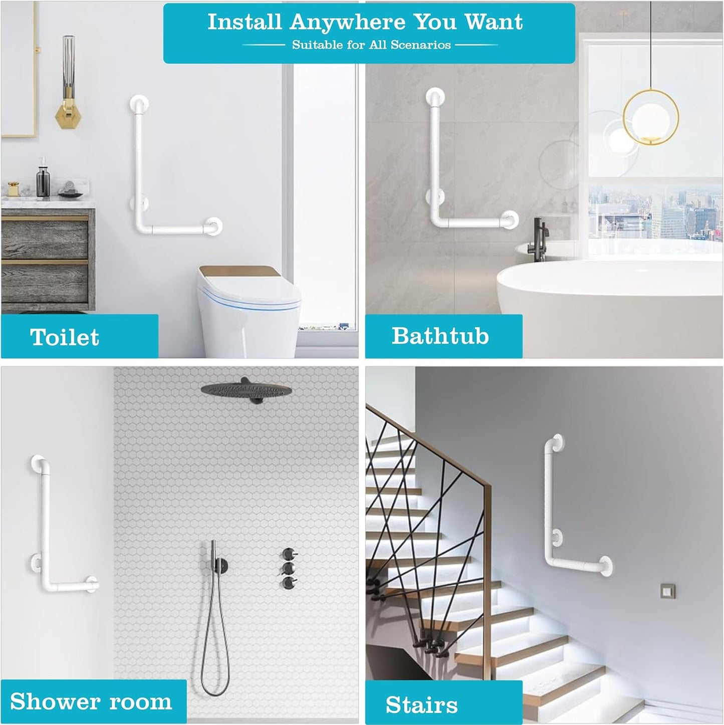 Fossa L-Shaped Stainless Steel 90° Anti-Slip Nylon Grip Grab Bar – Wall Mounted Safety Bar for Bathroom | Toilet Grab Bar for Elderly & Senior Citizens | White