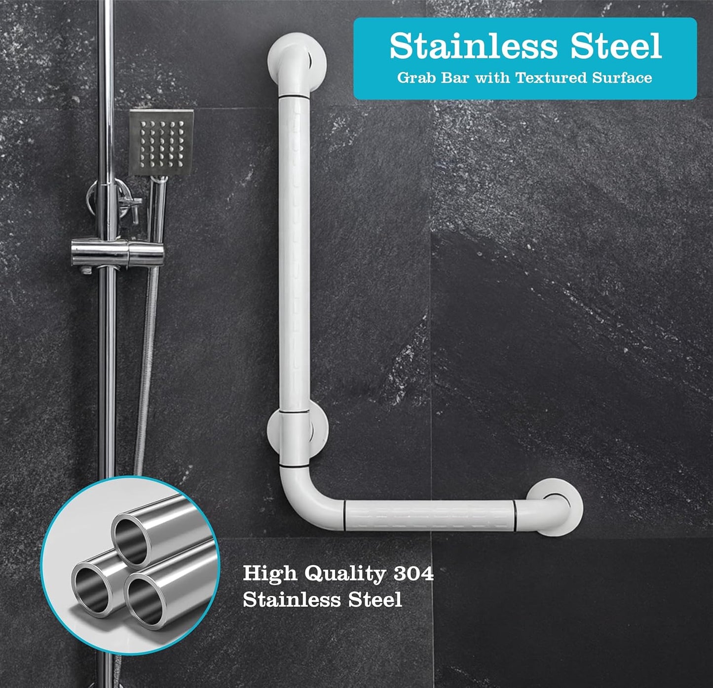 Fossa L-Shaped Stainless Steel 90° Anti-Slip Nylon Grip Grab Bar – Wall Mounted Safety Bar for Bathroom | Toilet Grab Bar for Elderly & Senior Citizens | White