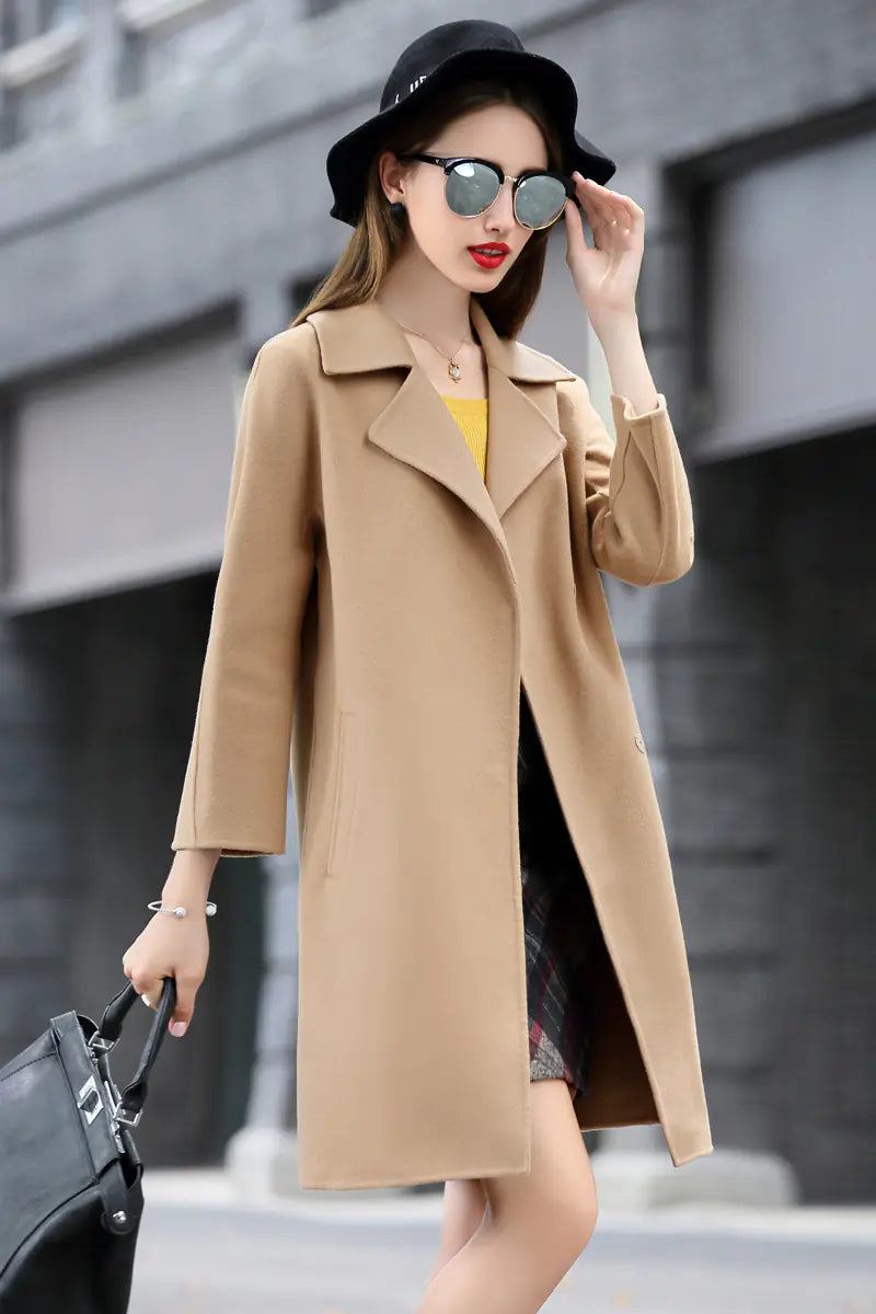 Solid Color Long Sleeve Wool Coat and Overcoat