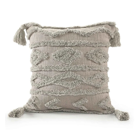 Grey Cushion Cover with Tassels | 40x40cm | Tufted Cotton | Boho Style