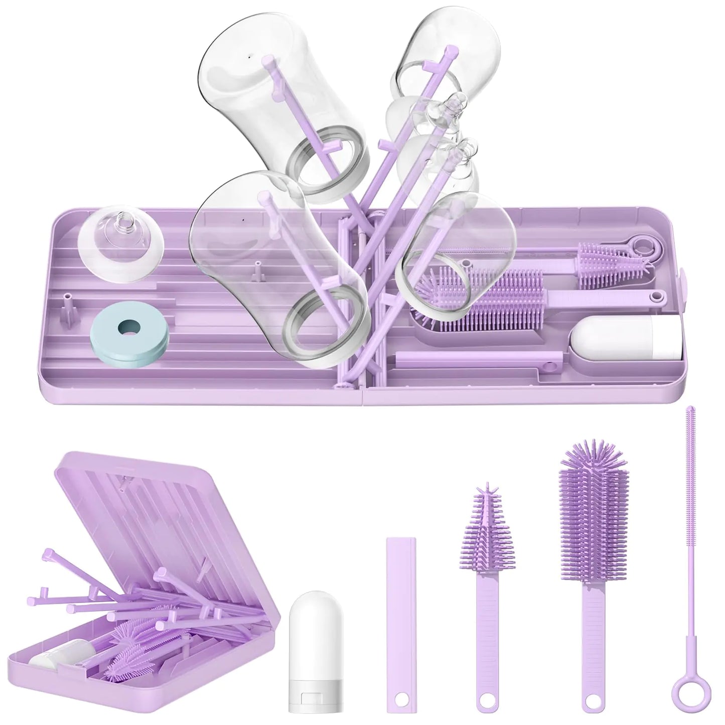 Leucite 6 in 1 Travel Baby Bottle Brush Cleaner Kit Baby Bottle Brush Set with Extendable Bottle Brush Nipple Brush Straw Brush Soap Dispenser Drying Rack & Organizer Case Baby Travel Essentials