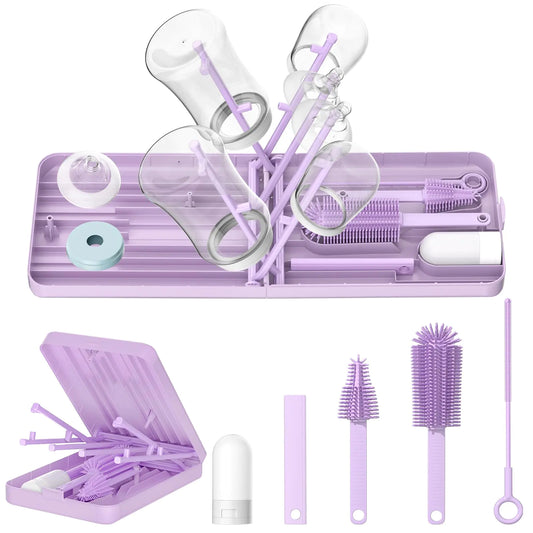 Leucite 6 in 1 Travel Baby Bottle Brush Cleaner Kit Baby Bottle Brush Set with Extendable Bottle Brush Nipple Brush Straw Brush Soap Dispenser Drying Rack & Organizer Case Baby Travel Essentials