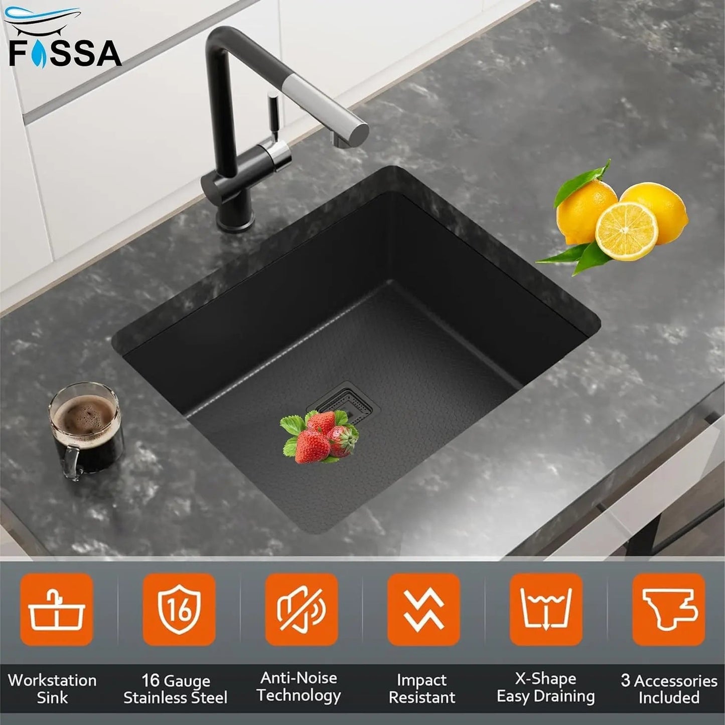 Fossa 24"x18"x10" Inch Single Bowl 304 Grade Honeycomb Embossed Kitchen Sink with Nano Coating (Black )