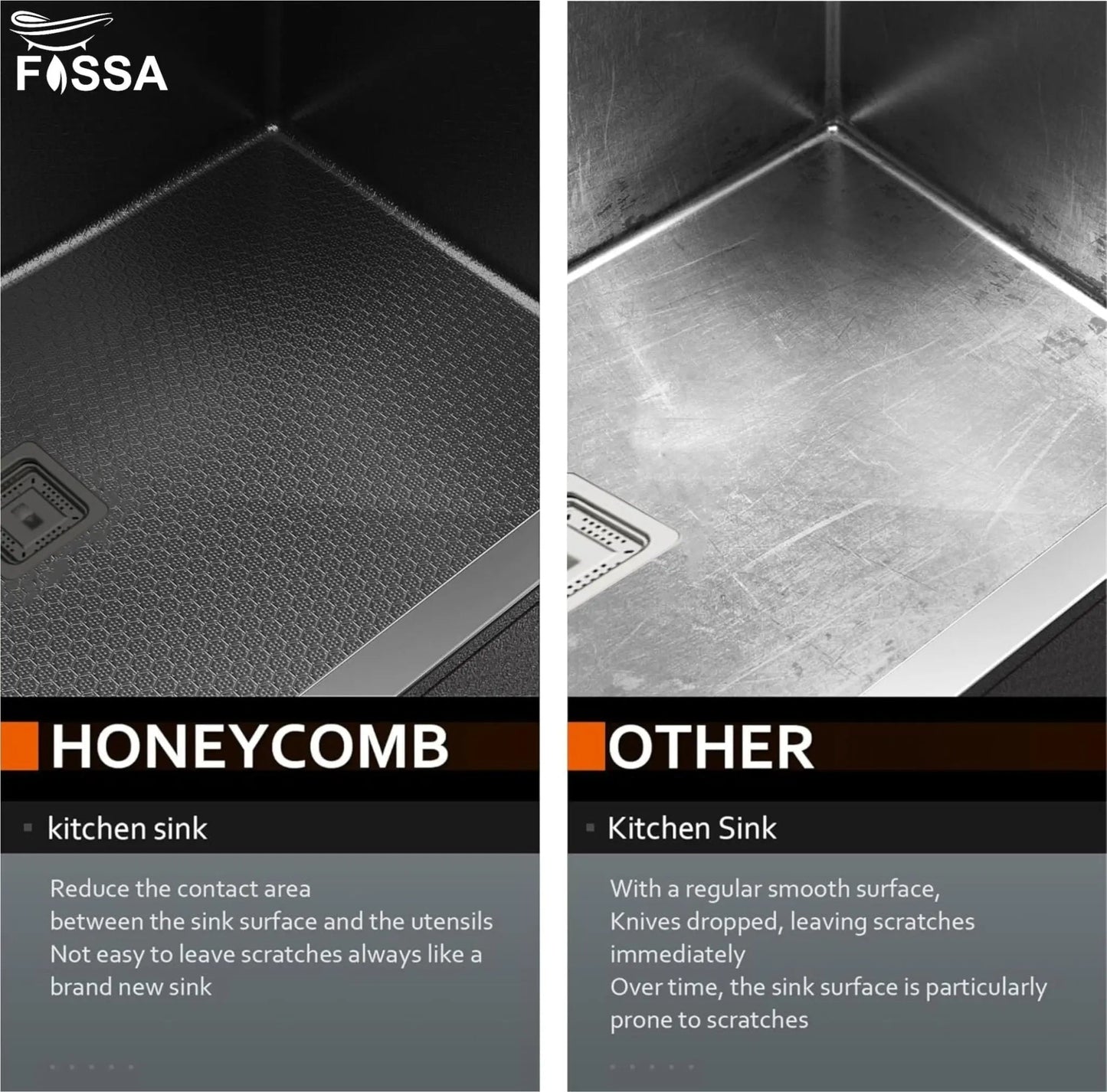Fossa 24"x18"x10" Inch Single Bowl 304 Grade Honeycomb Embossed Kitchen Sink with Nano Coating (Black )