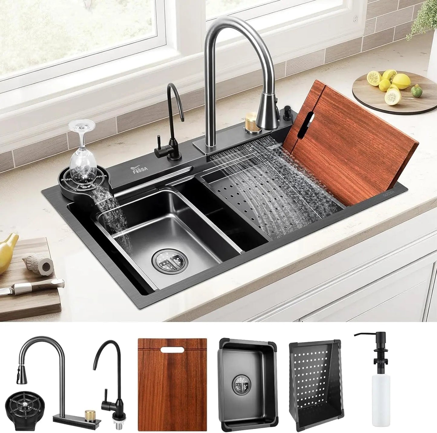 Fossa 32"x18"x10" inch  Single Bowl Premium Waterfall Kitchen Sink Honeycomb Embossed Sink with White Nano Coating, Stainless Steel, Rectangular Workstation, Faucet With All Accessories.