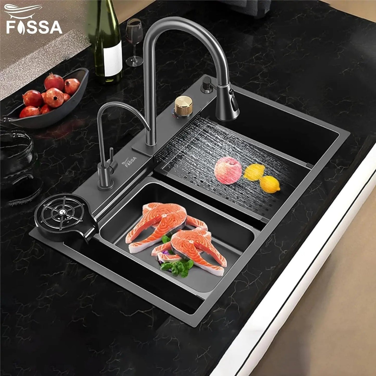 Fossa 32"x18"x10" inch  Single Bowl Premium Waterfall Kitchen Sink Honeycomb Embossed Sink with White Nano Coating, Stainless Steel, Rectangular Workstation, Faucet With All Accessories.