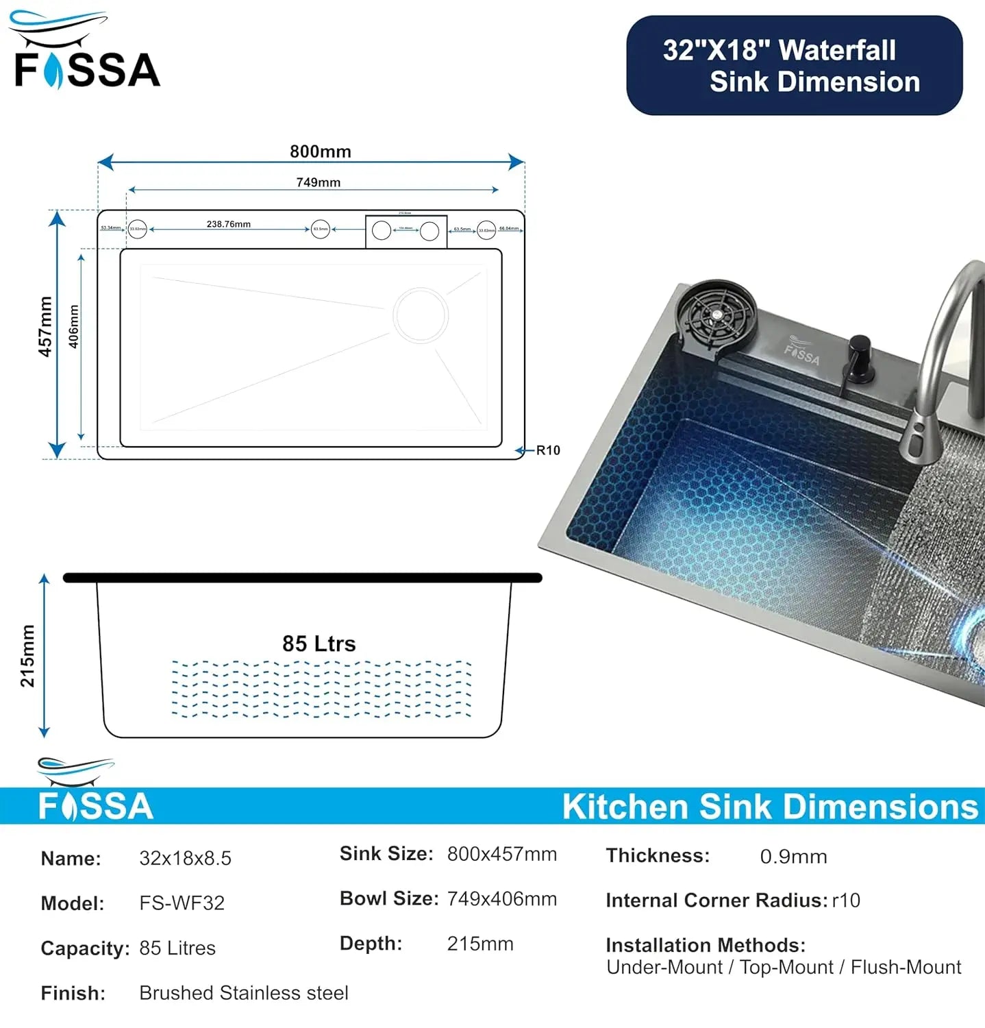 Fossa 32"x18"x10" inch  Single Bowl Premium Waterfall Kitchen Sink Honeycomb Embossed Sink with White Nano Coating, Stainless Steel, Rectangular Workstation, Faucet With All Accessories.