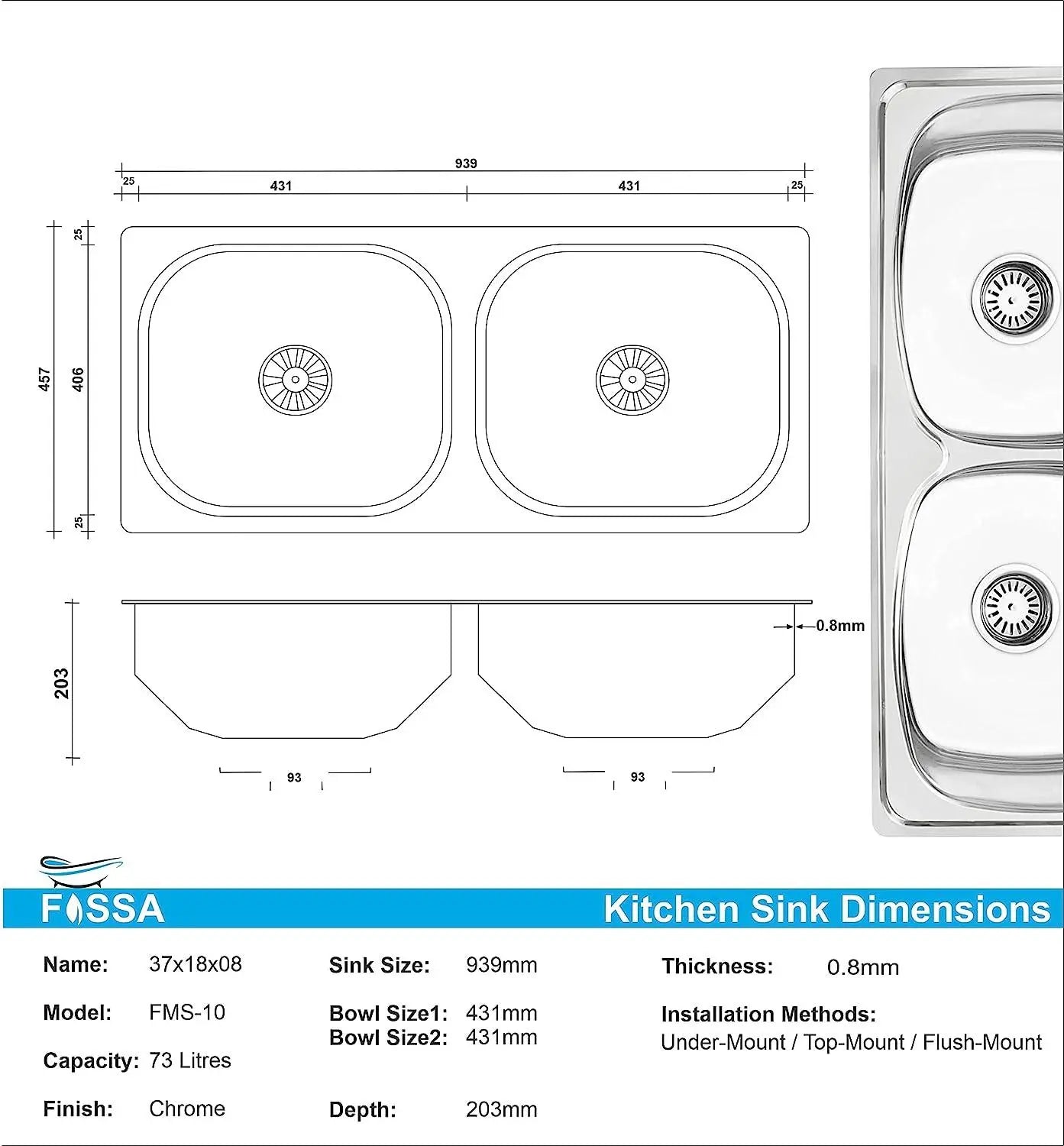 Fossa 37"x18"x10" inch Double Bowl 304 Grade Stainless Steel Kitchen Sink With SS Coupling Glossy Finish