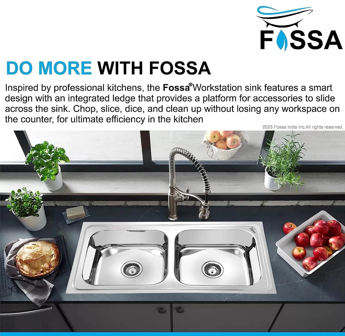 Fossa 37"x18"x10" inch Double Bowl 304 Grade Stainless Steel Kitchen Sink With SS Coupling Glossy Finish