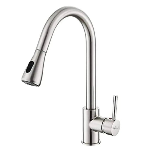 Fossa Kitchen Sink Mixer Tap with Pull Down Sprayer, Single Handle High Pull Out Kitchen Taps, Single Level Stainless Steel Silver ( Heavy weight )