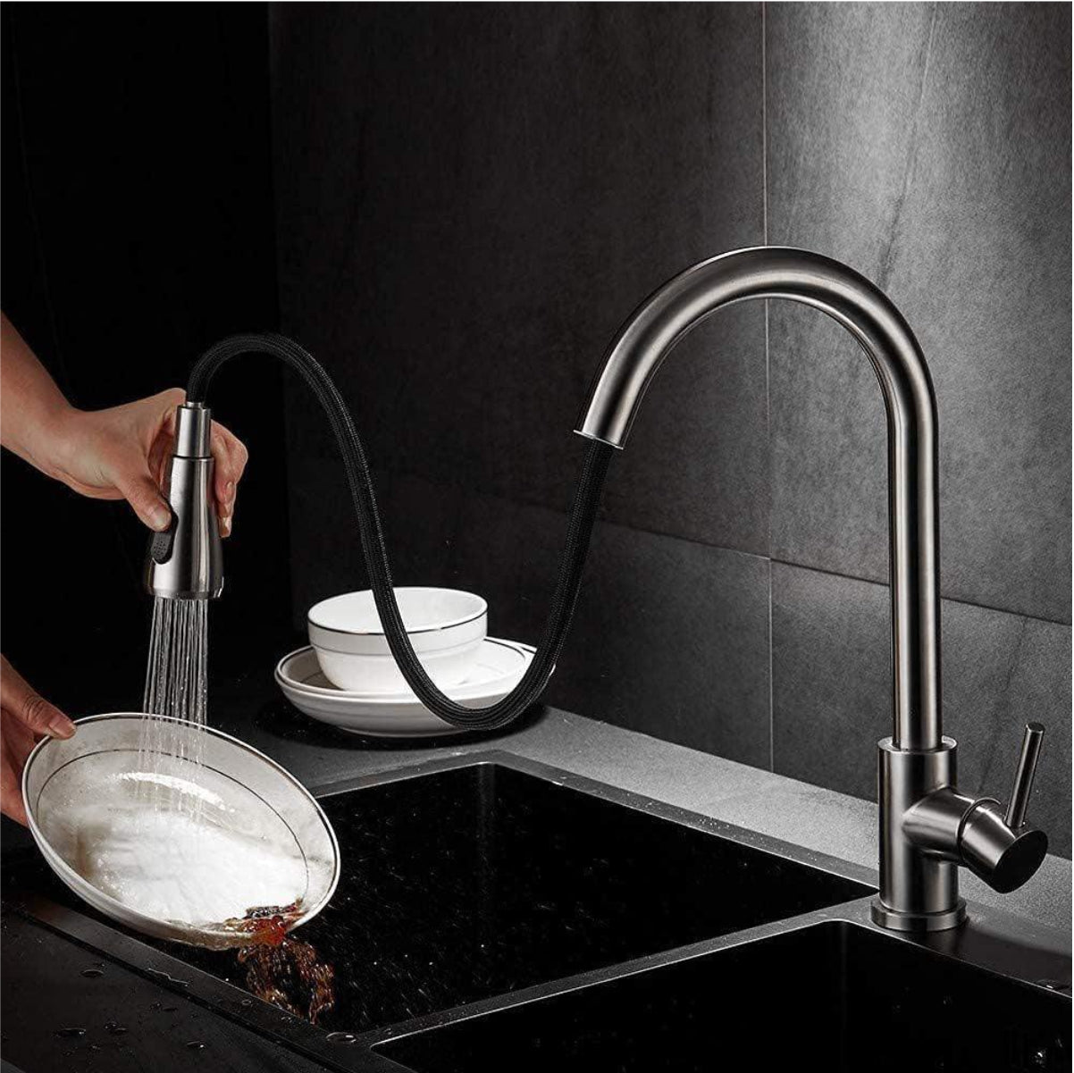 Fossa Kitchen Sink Mixer Tap with Pull Down Sprayer, Single Handle High Pull Out Kitchen Taps, Single Level Stainless Steel Silver ( Heavy weight )