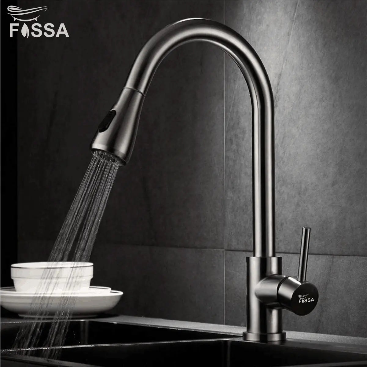 Fossa Kitchen Sink Mixer Tap with Pull Down Sprayer, Single Handle High Pull Out Kitchen Taps, Single Level Stainless Steel Silver ( Heavy weight )